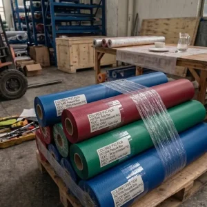 Colored embossing film rolls in blue, ruby red, and green with micro-grained matte texture, anti-scratch embossed PVC film manufacturer