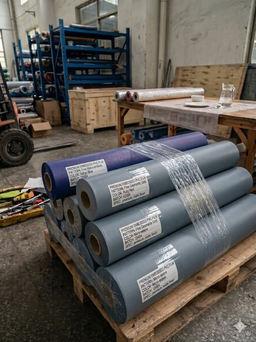 Translucent plastic table cloth rolls with elegant embossed floral and lace patterns, pink and light blue vinyl tablecloth factory supply.