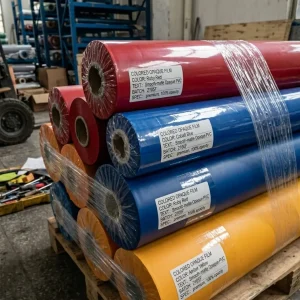 Wholesale colored opaque PVC film rolls in red, blue, and yellow on a wooden pallet, 100% opacity smooth plastic film supplier
