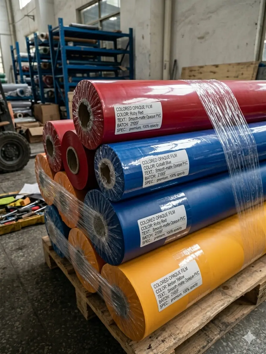 Wholesale colored opaque PVC film rolls in red, blue, and yellow on a wooden pallet, 100% opacity smooth plastic film supplier